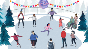 art graphic of 12 people ice skating in a wintery scene with colorful pennants and a disco ball