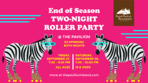 Promotional image for End of Season Two-Night Roller Party featuring a giraffe in roller skates.