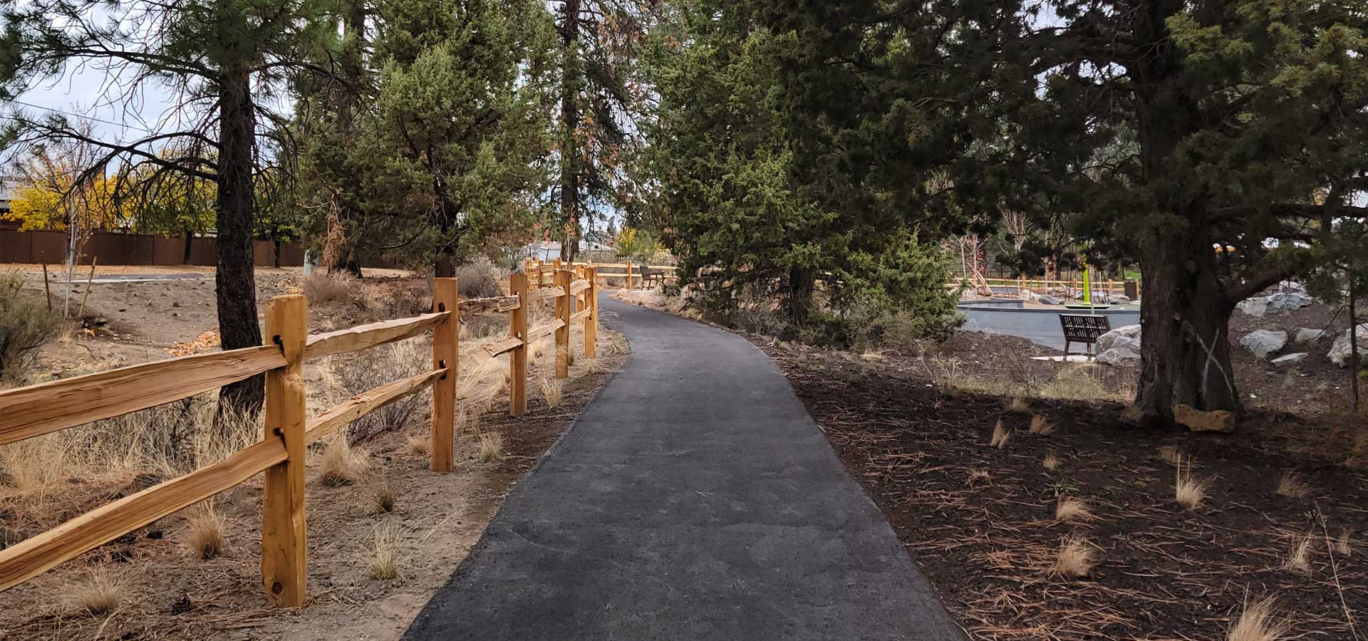 Paved path along a tree and natural space at Little Fawn Park.