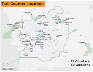 map showing the 28 trail counter locations in parks and trails