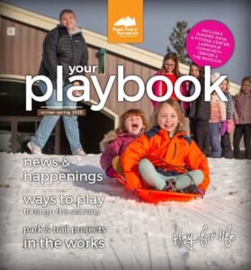 Cover image of Winter-Spring 2025 Playbook featuring kids sledding in the snow at a BPRd childcare activity.