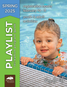 Spring 2025 Playlist cover image with smiling child at pool's edge during a swim lesson