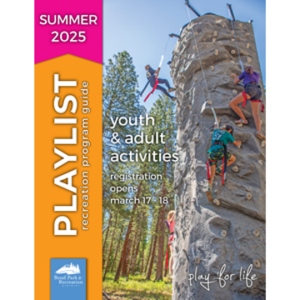 Summer 2025 Playlist cover with several children ascend a rock climbing pillar at a BPRD summer camp.